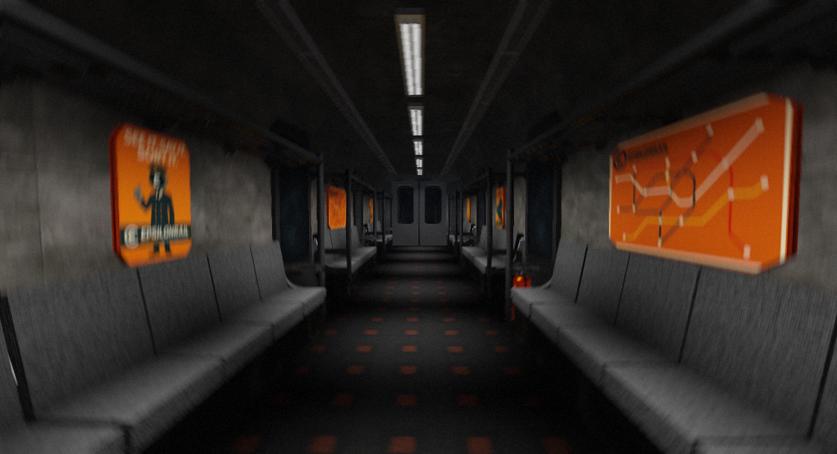 Work-in-progress artwork showing a dimly lit train carriage
